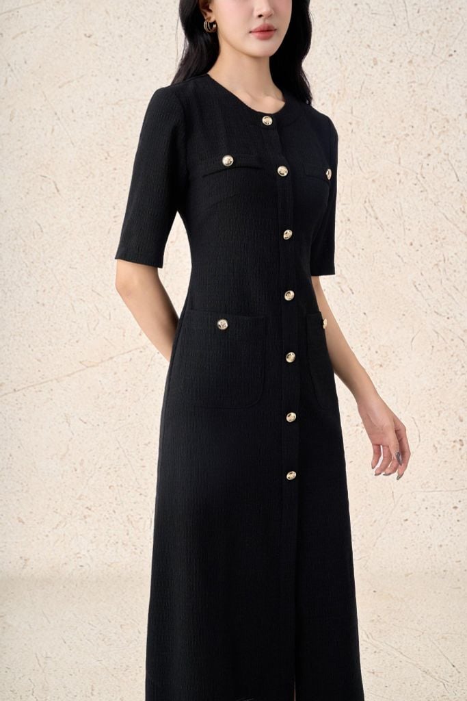 FDC35341 - Đầm công sở vải thô chun dáng ôm cổ tròn tay lửng thân váy có túi đính khuy đá tạo kiểu xẻ tà trước - PANTIO