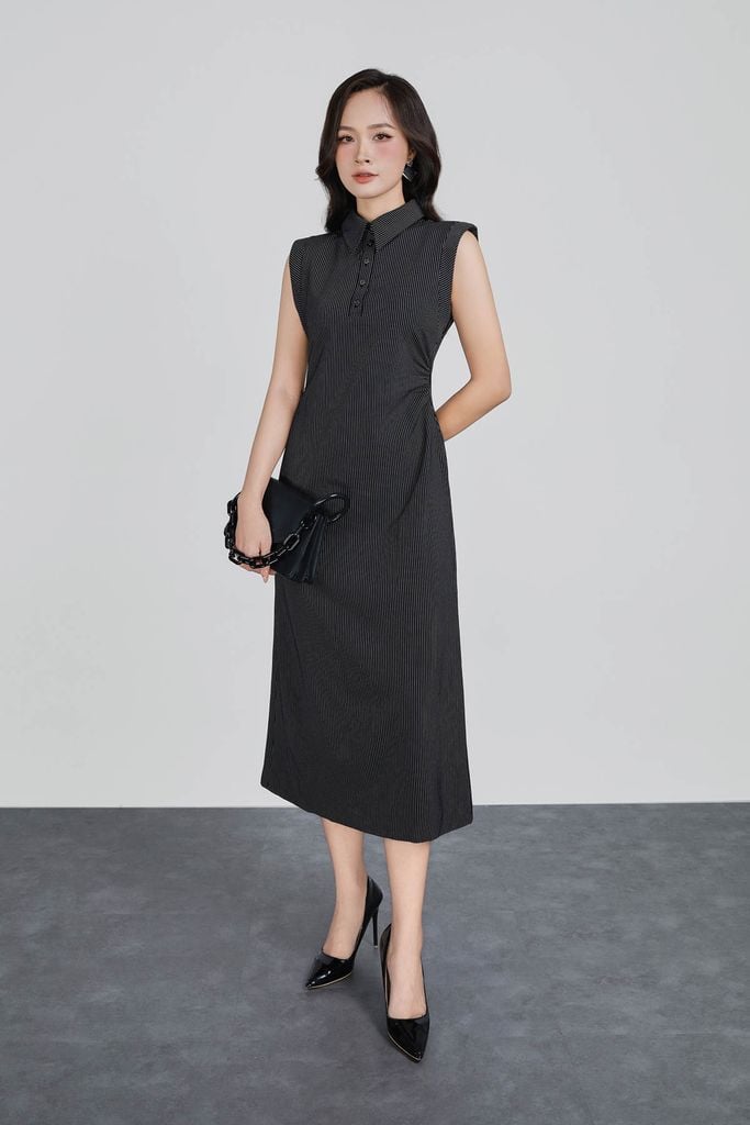 FDC35347 - Đầm công sở vải thô kẻ dáng ôm cổ bẻ đính khuy vai chờm thân váy nhún eo tạo kiểu khoá thân sau - PANTIO
