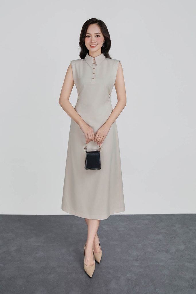 FDC35347 - Đầm công sở vải thô kẻ dáng ôm cổ bẻ đính khuy vai chờm thân váy nhún eo tạo kiểu khoá thân sau - PANTIO