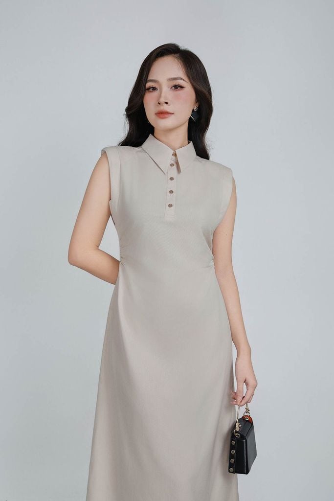 FDC35347 - Đầm công sở vải thô kẻ dáng ôm cổ bẻ đính khuy vai chờm thân váy nhún eo tạo kiểu khoá thân sau - PANTIO