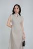 FDC35347 - Đầm công sở vải thô kẻ dáng ôm cổ bẻ đính khuy vai chờm thân váy nhún eo tạo kiểu khoá thân sau - PANTIO