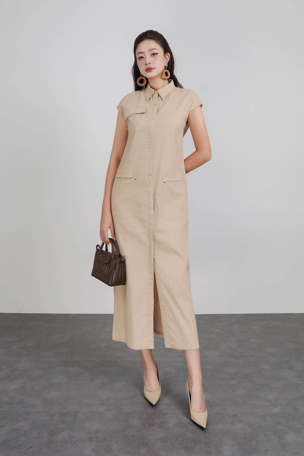 FDC35348 - Đầm công sở vải linen dáng suông cổ đức tay chờm thân váy có túi hộp tạo kiểu cài khuy thân trước - PANTIO