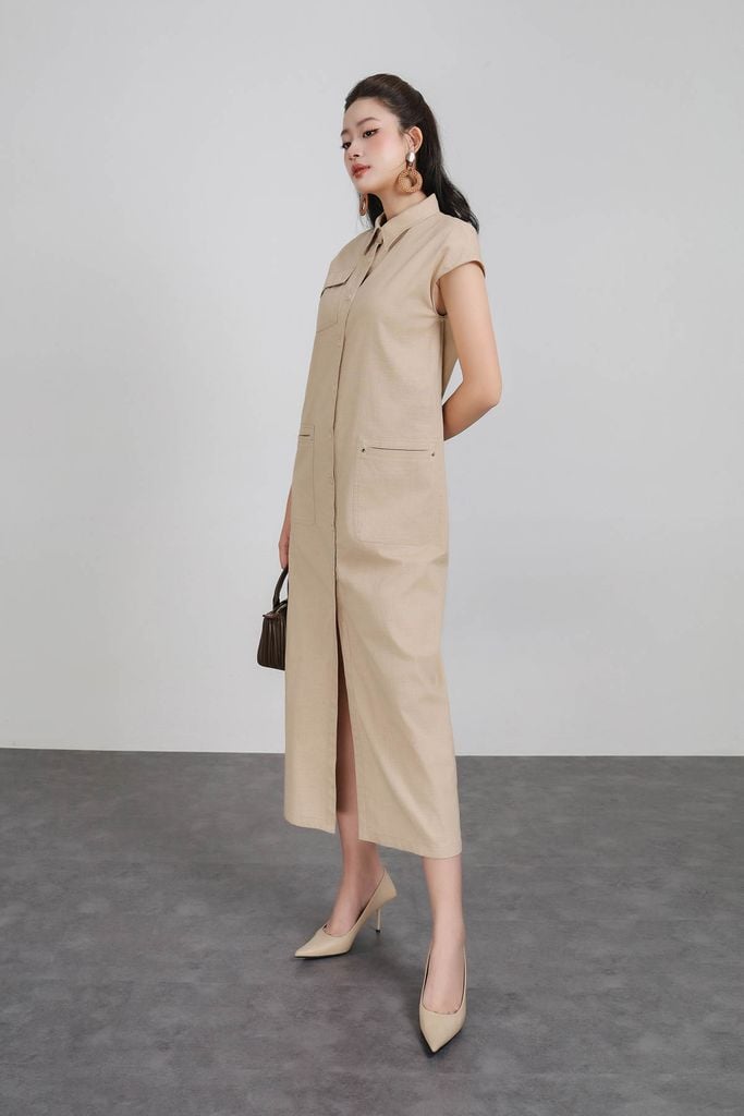 FDC35348 - Đầm công sở vải linen dáng suông cổ đức tay chờm thân váy có túi hộp tạo kiểu cài khuy thân trước - PANTIO