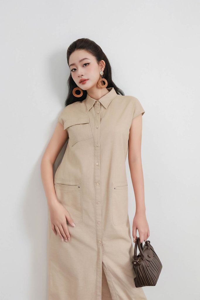 FDC35348 - Đầm công sở vải linen dáng suông cổ đức tay chờm thân váy có túi hộp tạo kiểu cài khuy thân trước - PANTIO