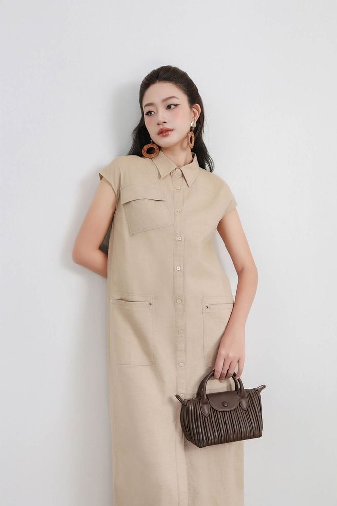 FDC35348 - Đầm công sở vải linen dáng suông cổ đức tay chờm thân váy có túi hộp tạo kiểu cài khuy thân trước - PANTIO