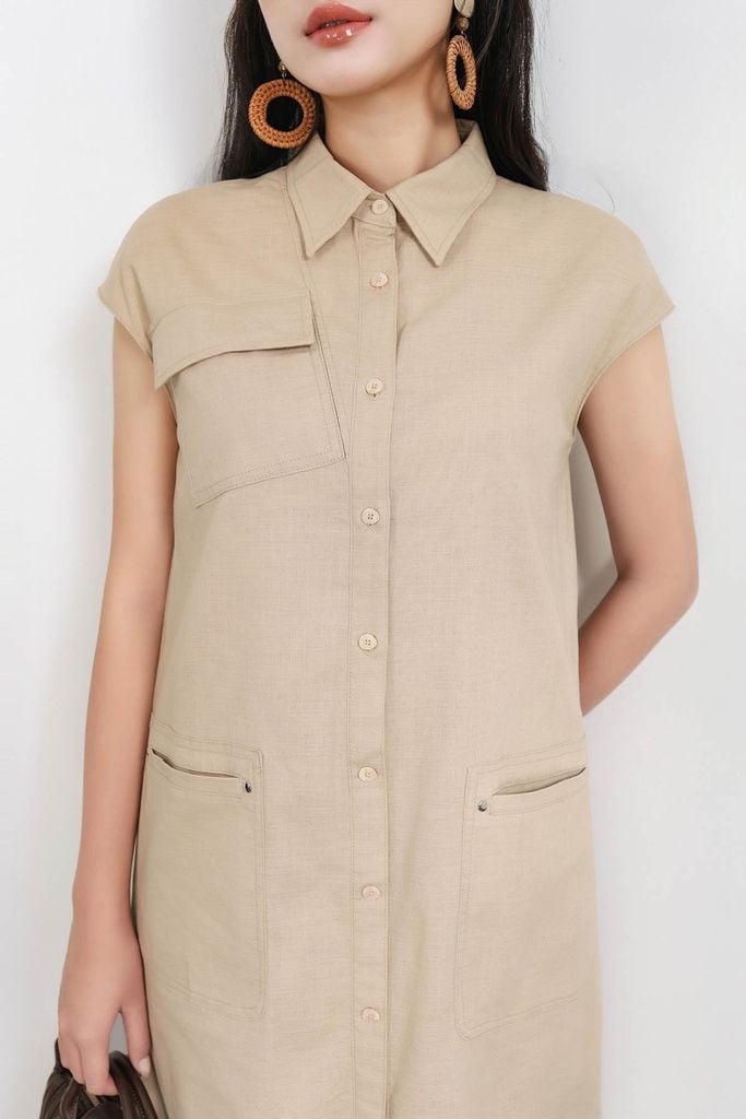 FDC35348 - Đầm công sở vải linen dáng suông cổ đức tay chờm thân váy có túi hộp tạo kiểu cài khuy thân trước - PANTIO
