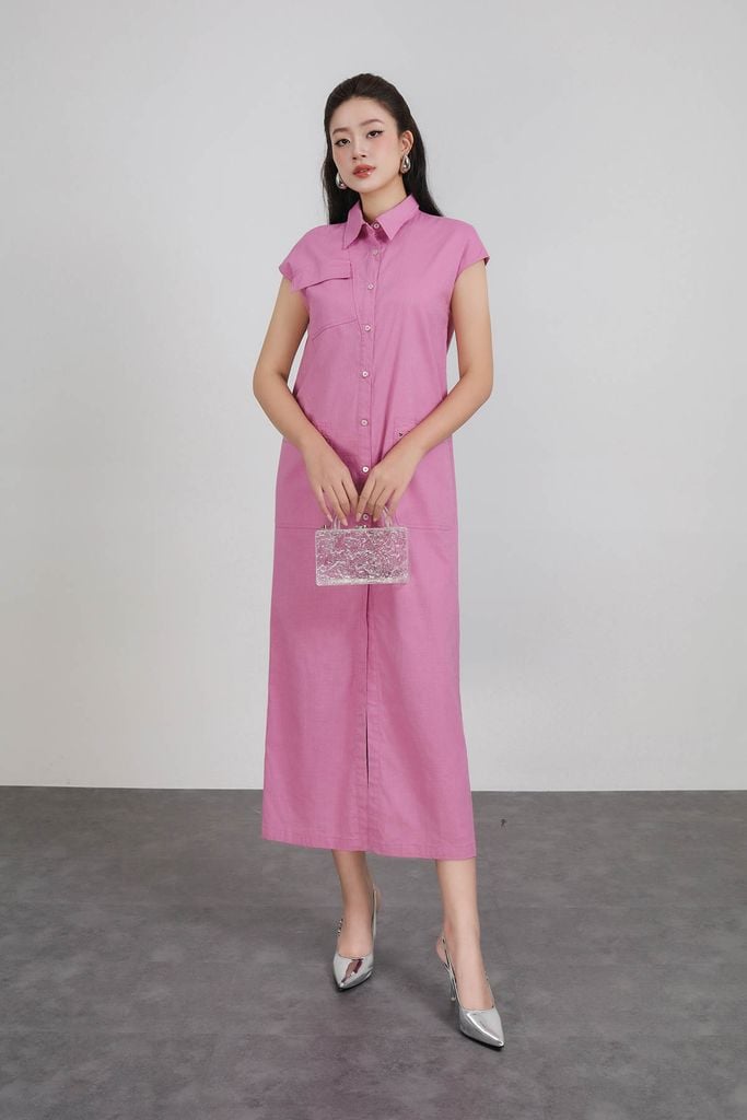FDC35348 - Đầm công sở vải linen dáng suông cổ đức tay chờm thân váy có túi hộp tạo kiểu cài khuy thân trước - PANTIO
