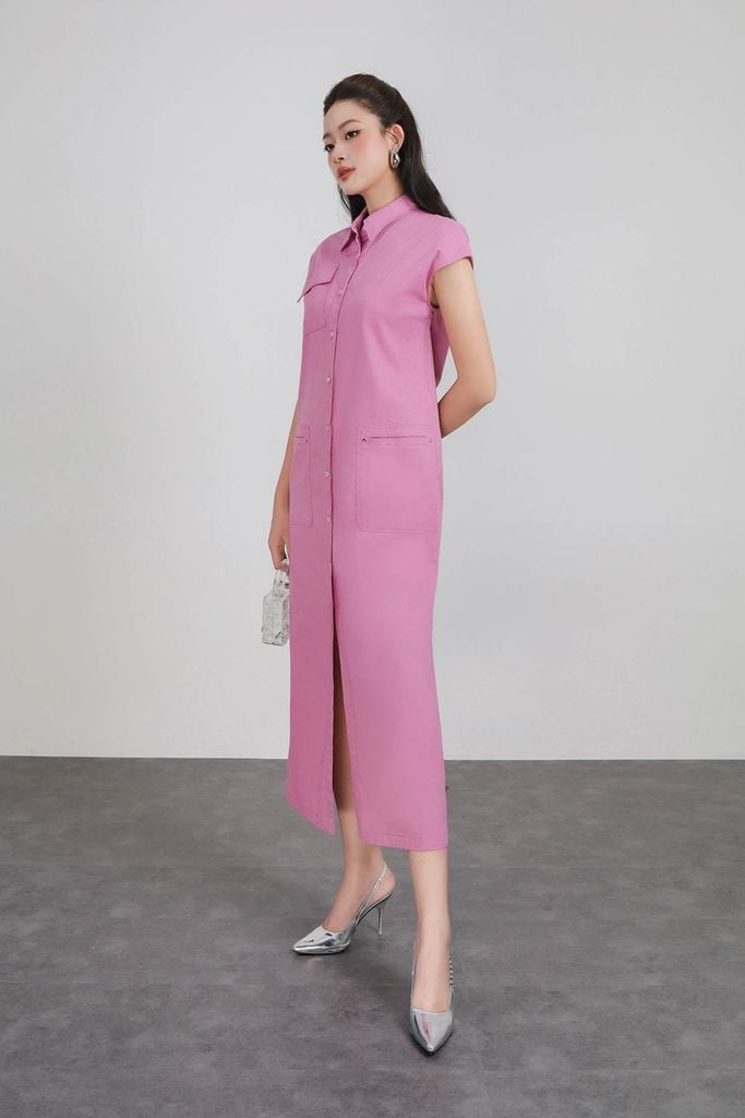 FDC35348 - Đầm công sở vải linen dáng suông cổ đức tay chờm thân váy có túi hộp tạo kiểu cài khuy thân trước - PANTIO