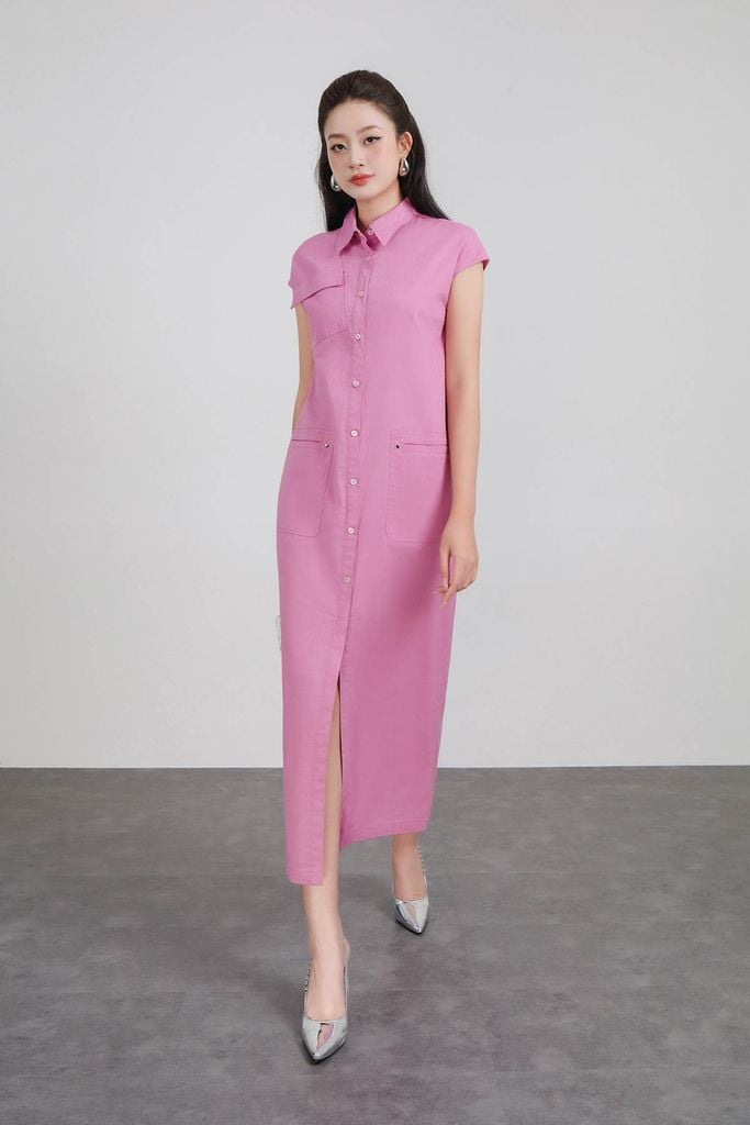 FDC35348 - Đầm công sở vải linen dáng suông cổ đức tay chờm thân váy có túi hộp tạo kiểu cài khuy thân trước - PANTIO