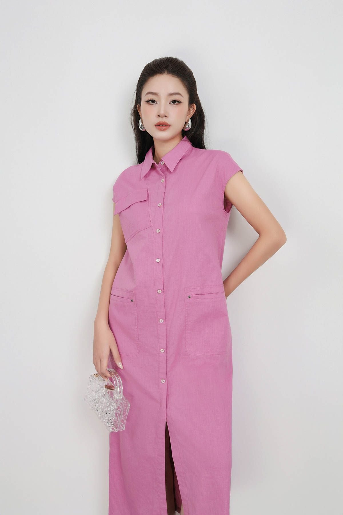 FDC35348 - Đầm công sở vải linen dáng suông cổ đức tay chờm thân váy có túi hộp tạo kiểu cài khuy thân trước - PANTIO