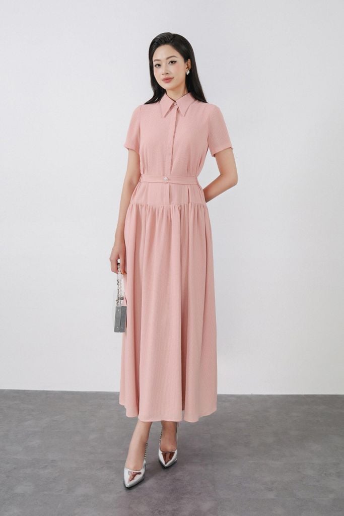 FDC35350 - Đầm công sở vải thô mỏng dáng A Xoè cổ đức tay ngắn thân váy xếp nhún tạo xoè kèm dây đai thắt eo cài khuy thân trước - PANTIO