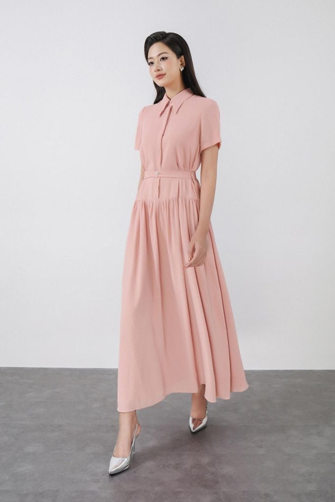 FDC35350 - Đầm công sở vải thô mỏng dáng A Xoè cổ đức tay ngắn thân váy xếp nhún tạo xoè kèm dây đai thắt eo cài khuy thân trước - PANTIO
