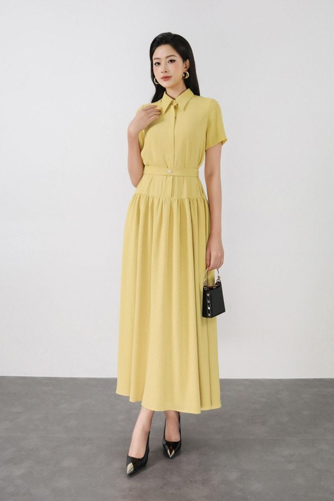 FDC35350 - Đầm công sở vải thô mỏng dáng A Xoè cổ đức tay ngắn thân váy xếp nhún tạo xoè kèm dây đai thắt eo cài khuy thân trước - PANTIO