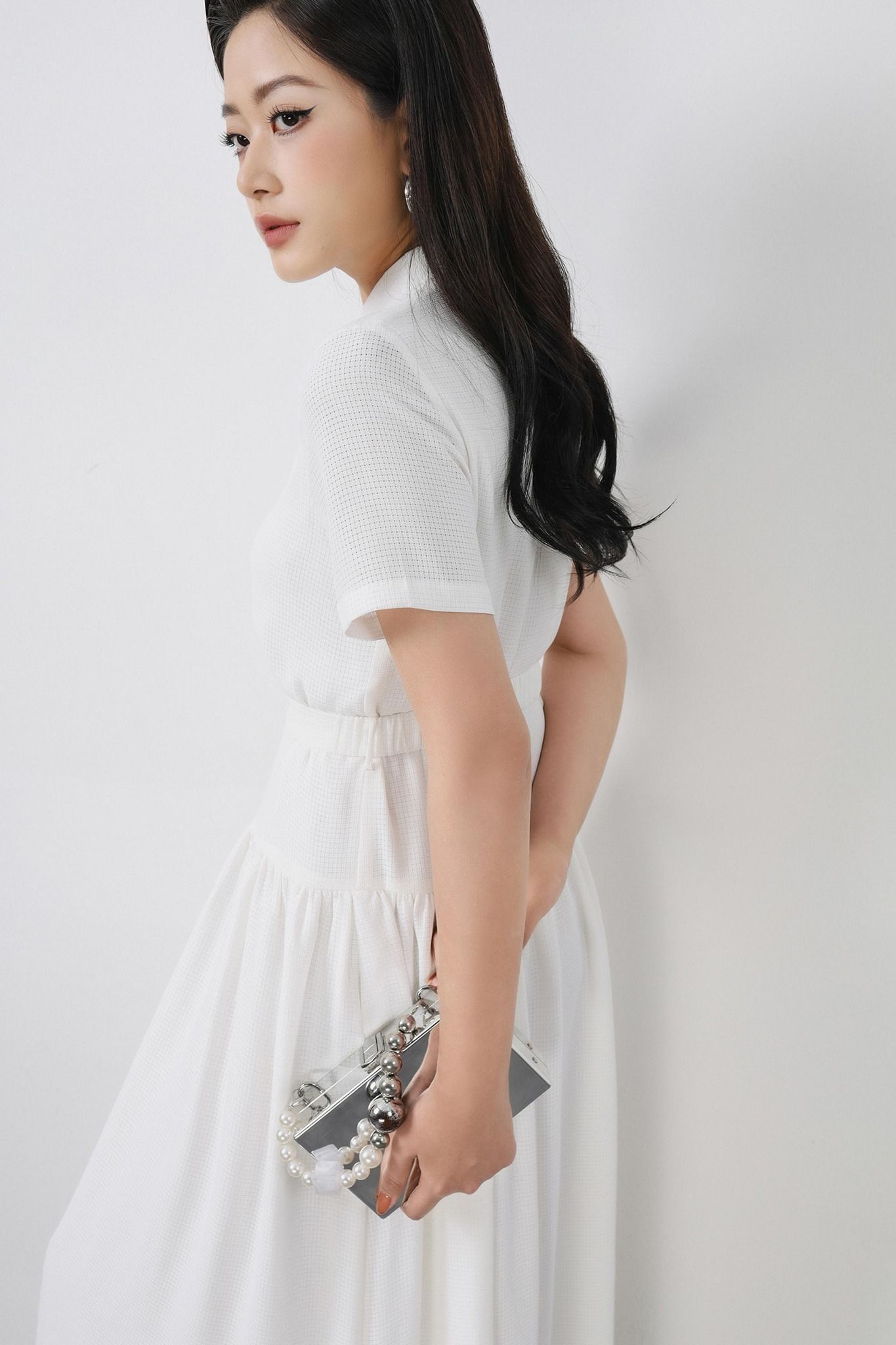 FDC35350 - Đầm công sở vải thô mỏng dáng A Xoè cổ đức tay ngắn thân váy xếp nhún tạo xoè kèm dây đai thắt eo cài khuy thân trước - PANTIO