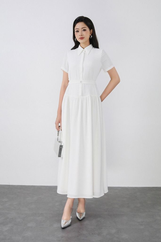 FDC35350 - Đầm công sở vải thô mỏng dáng A Xoè cổ đức tay ngắn thân váy xếp nhún tạo xoè kèm dây đai thắt eo cài khuy thân trước - PANTIO