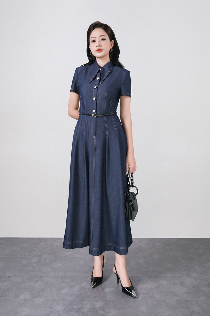 FDC35368 - Đầm công sở vải demin dáng ôm cổ đức tay ngắn ngực áo phối khuy tạo kiểu thân váy xếp ly bung tạo xoè - PANTIO