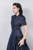 FDC35368 - Đầm công sở vải demin dáng ôm cổ đức tay ngắn ngực áo phối khuy tạo kiểu thân váy xếp ly bung tạo xoè - PANTIO