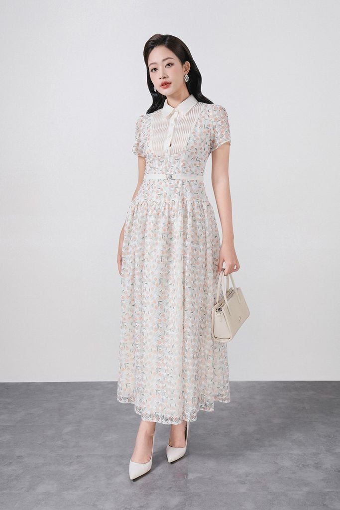 FDC35369 - Đầm công sở vải ren hoa cao cấp cổ bẻ ngực áo phối ly thân váy xếp ly bung tạo xoè kèm dây đai tạo kiểu khoá thân sau - PANTIO