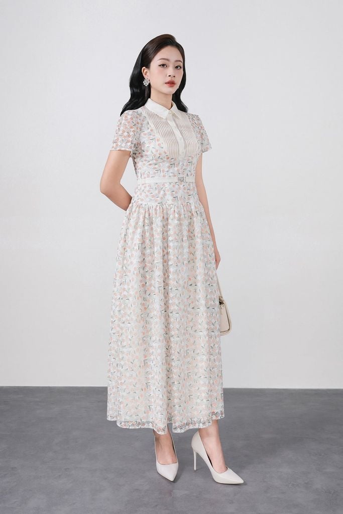 FDC35369 - Đầm công sở vải ren hoa cao cấp cổ bẻ ngực áo phối ly thân váy xếp ly bung tạo xoè kèm dây đai tạo kiểu khoá thân sau - PANTIO