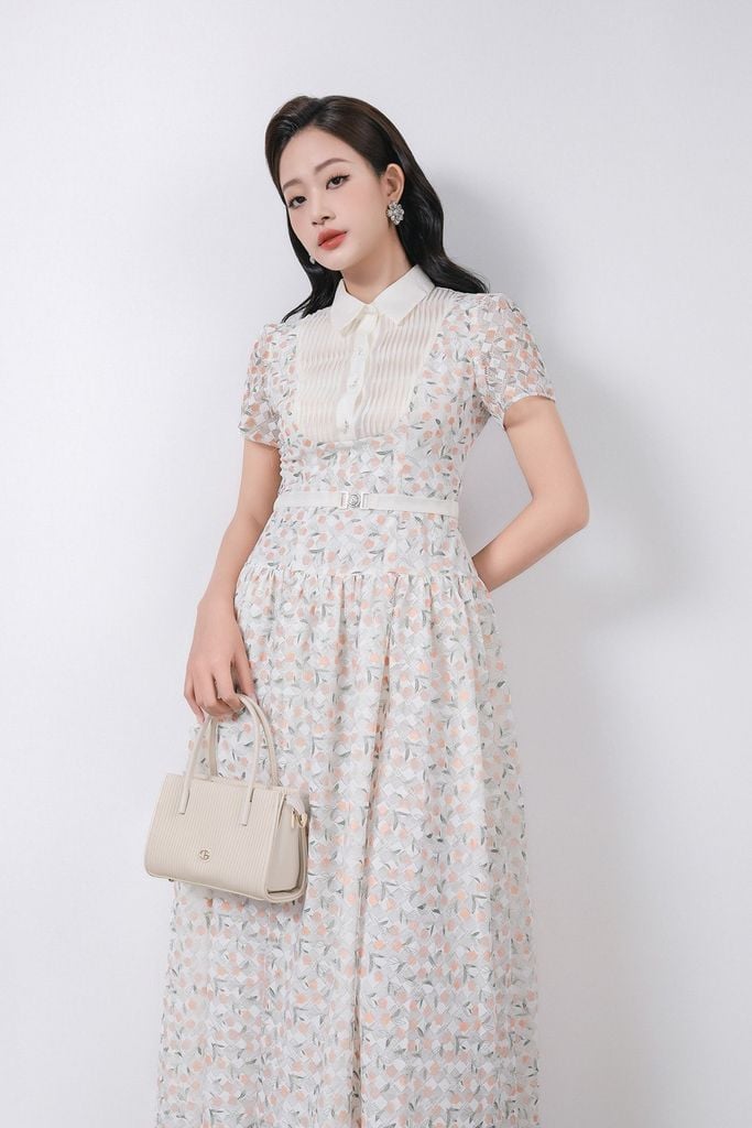 FDC35369 - Đầm công sở vải ren hoa cao cấp cổ bẻ ngực áo phối ly thân váy xếp ly bung tạo xoè kèm dây đai tạo kiểu khoá thân sau - PANTIO