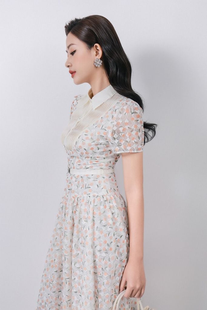 FDC35369 - Đầm công sở vải ren hoa cao cấp cổ bẻ ngực áo phối ly thân váy xếp ly bung tạo xoè kèm dây đai tạo kiểu khoá thân sau - PANTIO