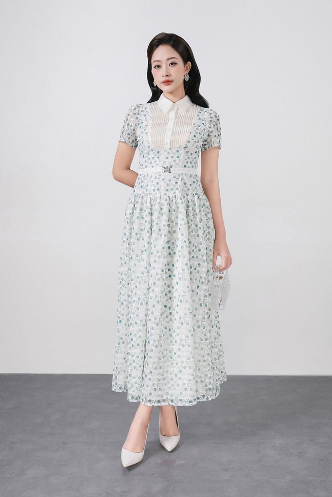 FDC35369 - Đầm công sở vải ren hoa cao cấp cổ bẻ ngực áo phối ly thân váy xếp ly bung tạo xoè kèm dây đai tạo kiểu khoá thân sau - PANTIO