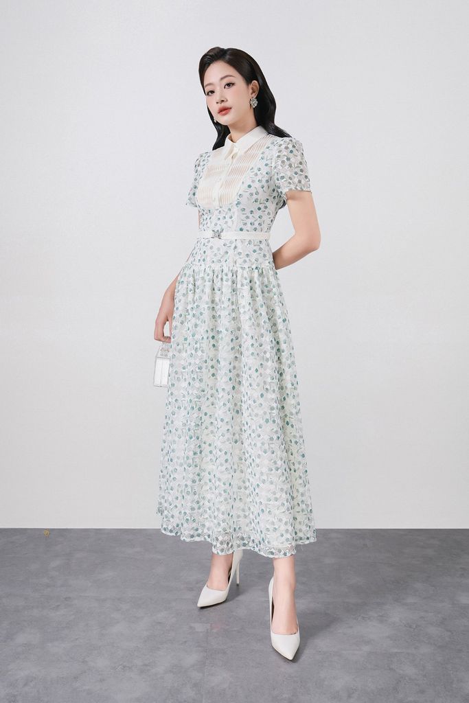 FDC35369 - Đầm công sở vải ren hoa cao cấp cổ bẻ ngực áo phối ly thân váy xếp ly bung tạo xoè kèm dây đai tạo kiểu khoá thân sau - PANTIO