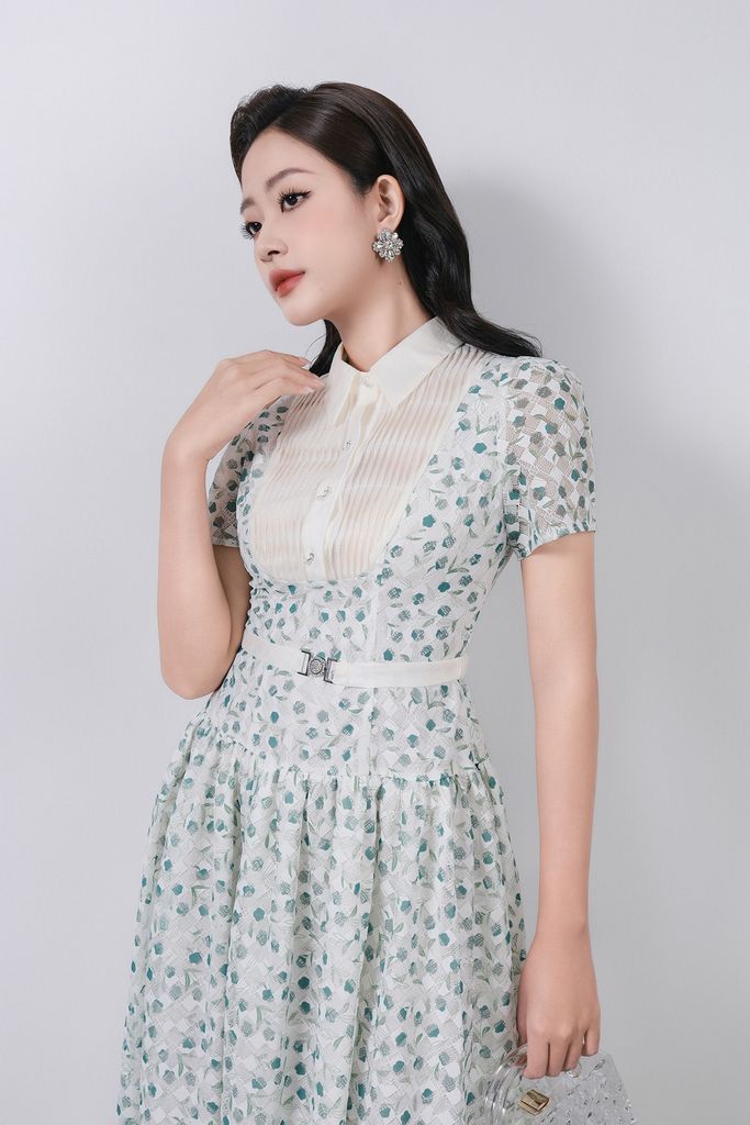 FDC35369 - Đầm công sở vải ren hoa cao cấp cổ bẻ ngực áo phối ly thân váy xếp ly bung tạo xoè kèm dây đai tạo kiểu khoá thân sau - PANTIO