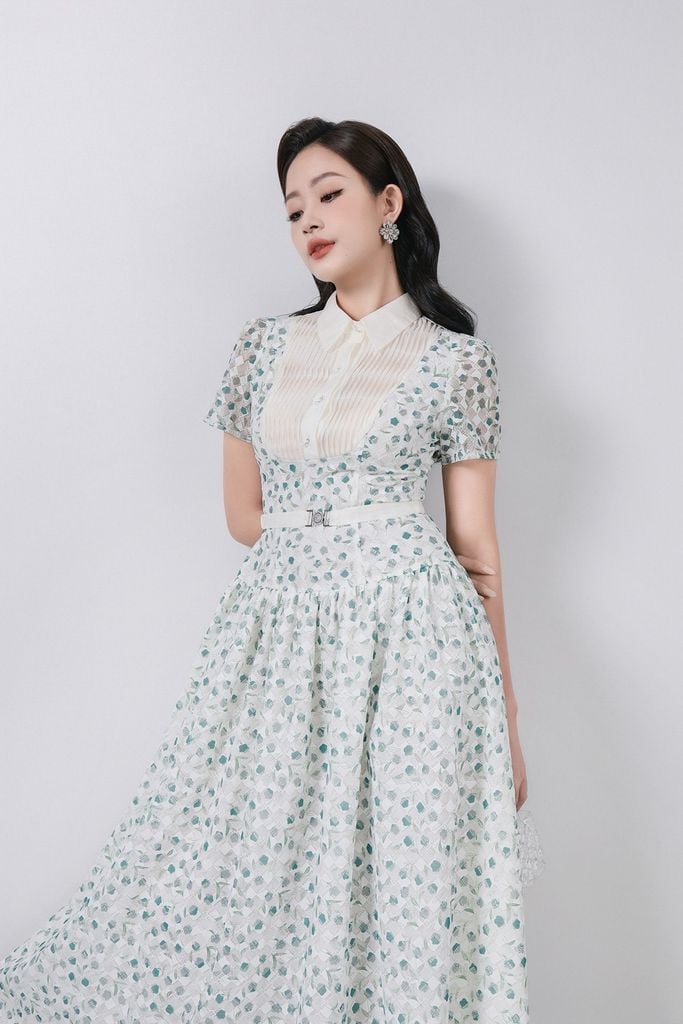 FDC35369 - Đầm công sở vải ren hoa cao cấp cổ bẻ ngực áo phối ly thân váy xếp ly bung tạo xoè kèm dây đai tạo kiểu khoá thân sau - PANTIO