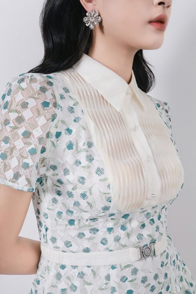 FDC35369 - Đầm công sở vải ren hoa cao cấp cổ bẻ ngực áo phối ly thân váy xếp ly bung tạo xoè kèm dây đai tạo kiểu khoá thân sau - PANTIO