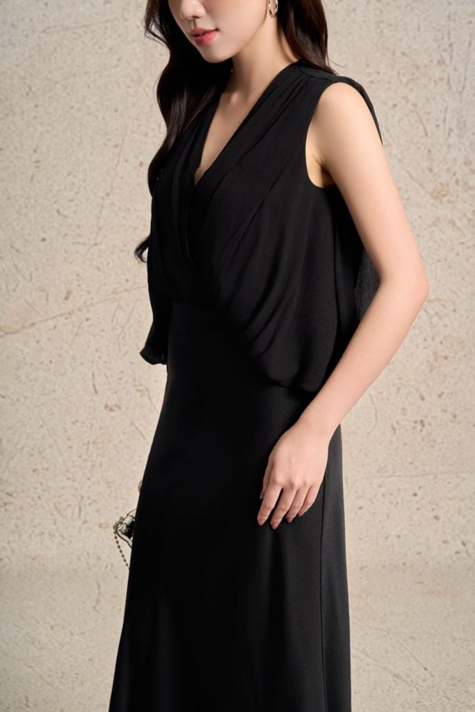 FDC35371 - Đầm công sở vải tơ dáng suông cổ V không tay thân váy phối lụa xếp nhún thời trang - PANTIO