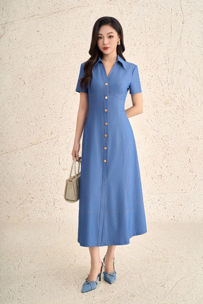 FDC35375 - Đầm công sở vải demin dáng ôm cổ bẻ xẻ V thời trang eo ôm tạo kiểu thân váy phối khuy kim loại - PANTIO