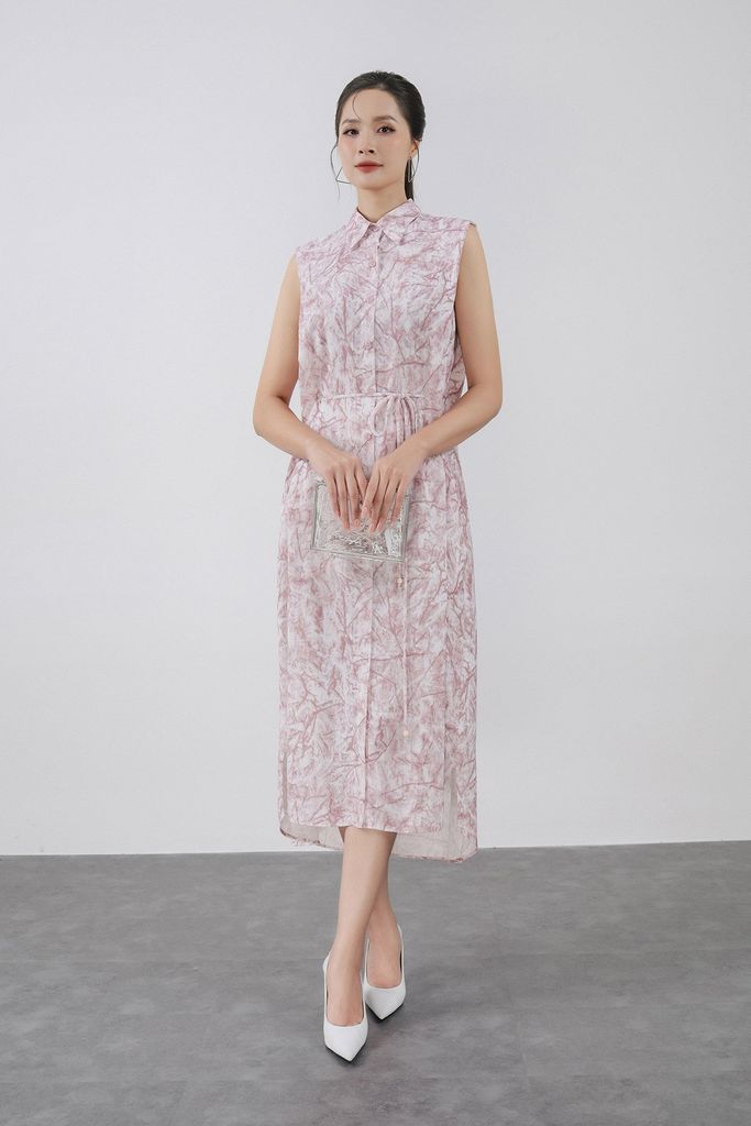 FDC35381 - Đầm công sở vải thô đũi dáng suông cổ đức vai chờm eo phối dây thắt tạo kiểu cài khuy trước - PANTIO