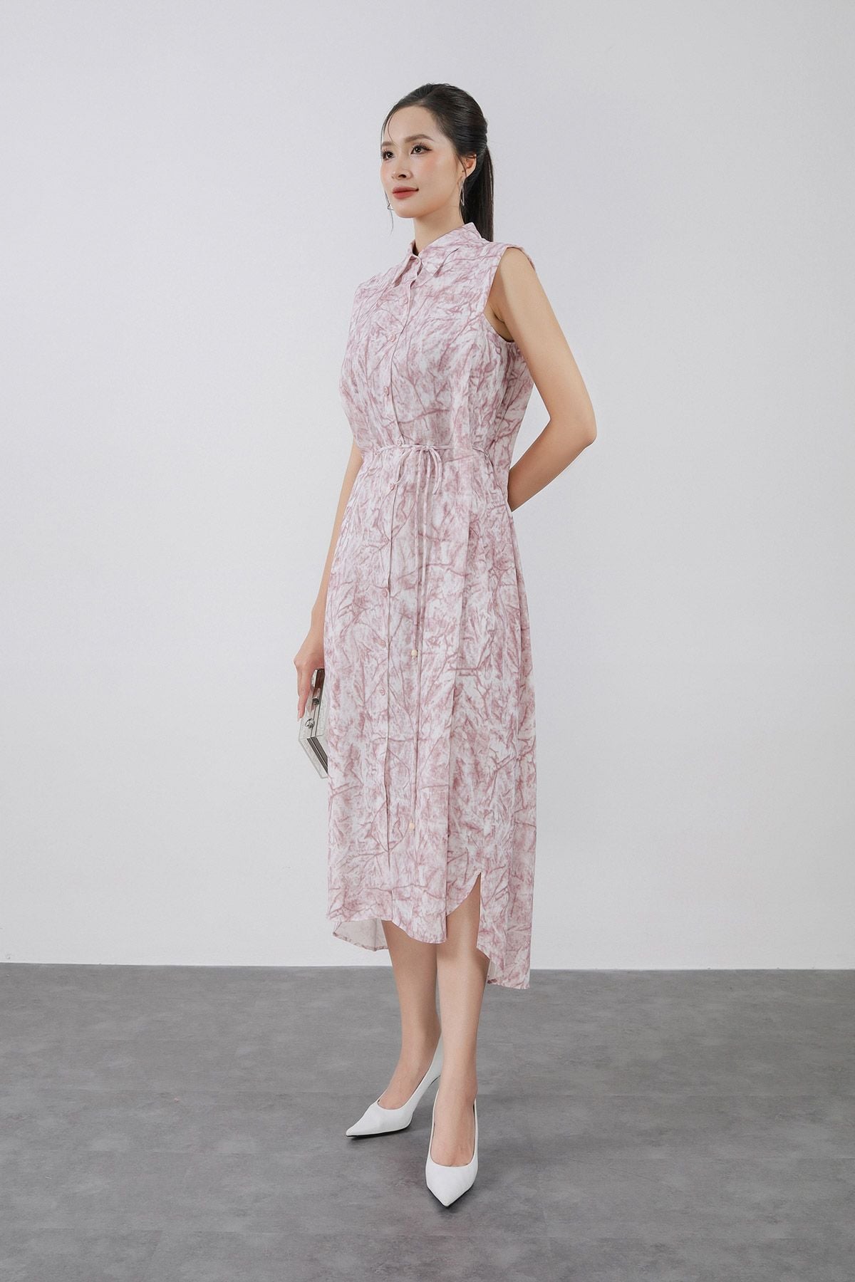 FDC35381 - Đầm công sở vải thô đũi dáng suông cổ đức vai chờm eo phối dây thắt tạo kiểu cài khuy trước - PANTIO