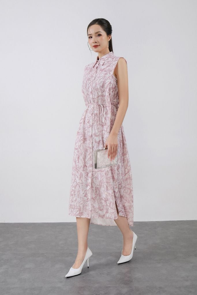 FDC35381 - Đầm công sở vải thô đũi dáng suông cổ đức vai chờm eo phối dây thắt tạo kiểu cài khuy trước - PANTIO