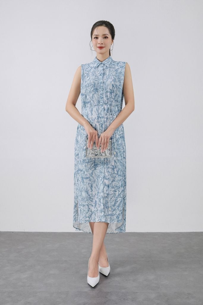 FDC35381 - Đầm công sở vải thô đũi dáng suông cổ đức vai chờm eo phối dây thắt tạo kiểu cài khuy trước - PANTIO