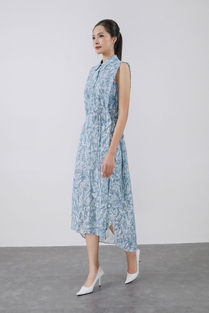 FDC35381 - Đầm công sở vải thô đũi dáng suông cổ đức vai chờm eo phối dây thắt tạo kiểu cài khuy trước - PANTIO