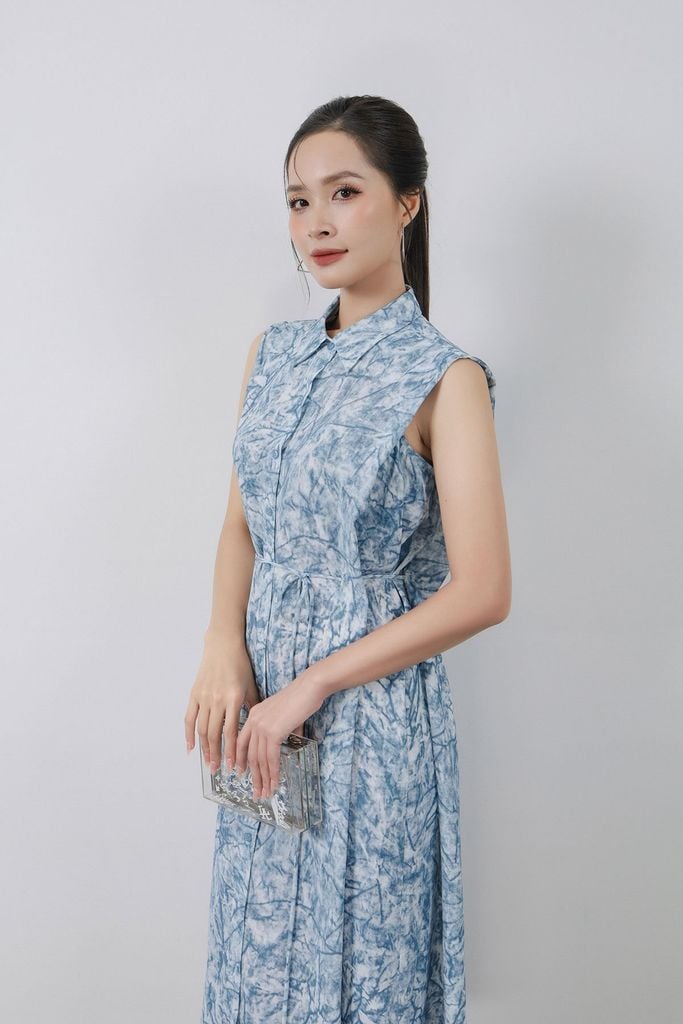 FDC35381 - Đầm công sở vải thô đũi dáng suông cổ đức vai chờm eo phối dây thắt tạo kiểu cài khuy trước - PANTIO