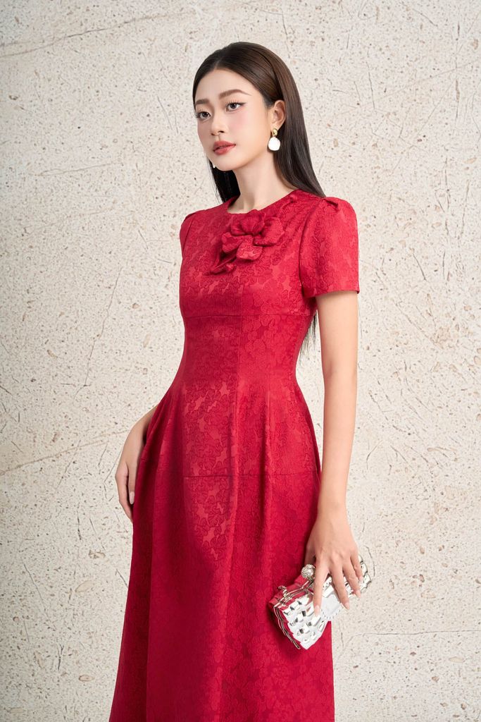 FDC35389 - Đầm công sở vải tafta dáng xòe cổ tròn tay bồng nhẹ đính hoa 3D cao cấp ôm eo thân váy phối ly phồng tạo kiểu khoá thân sau - PANTIO