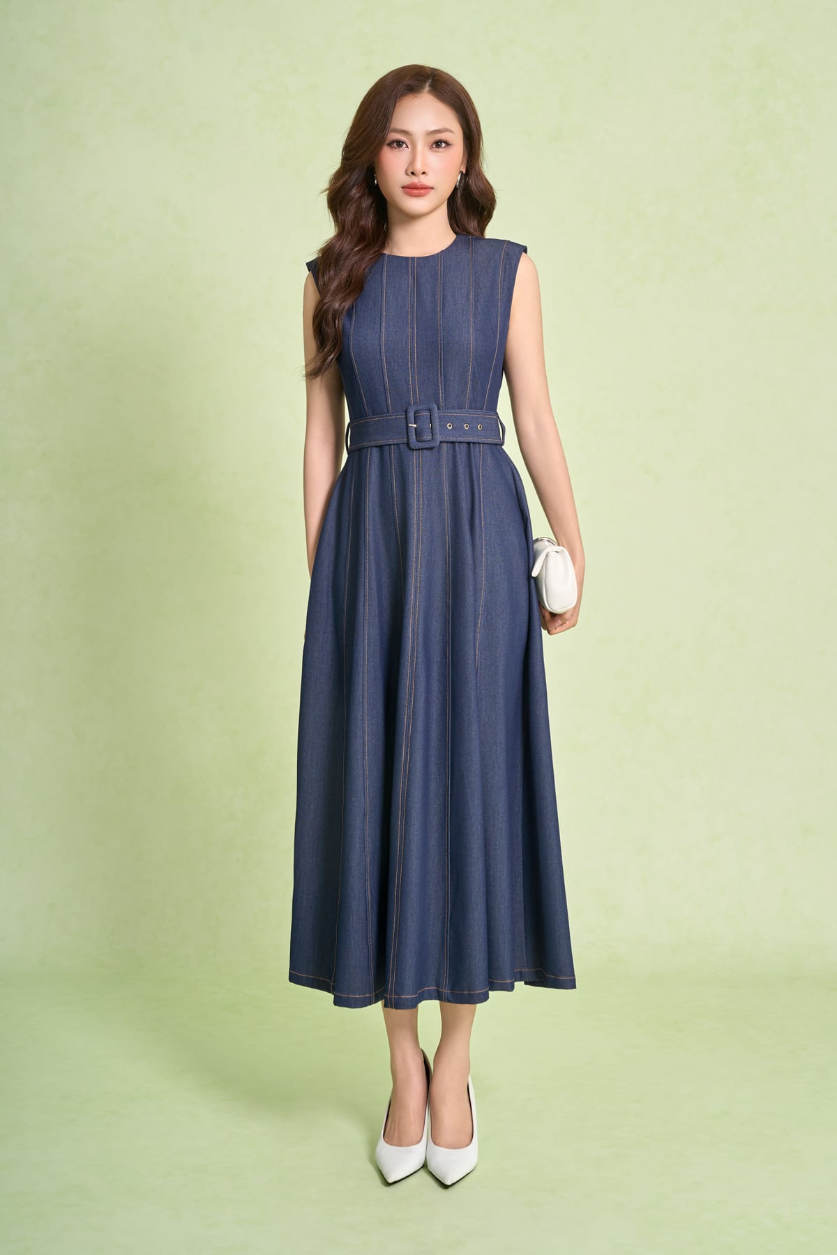 FDC35392 - Đầm công sở vải demin dáng ôm cổ tròn tay chờm thân váy phối hoạ tiết đường chỉ có dây đai thắt eo khoá thân sau - PANTIO