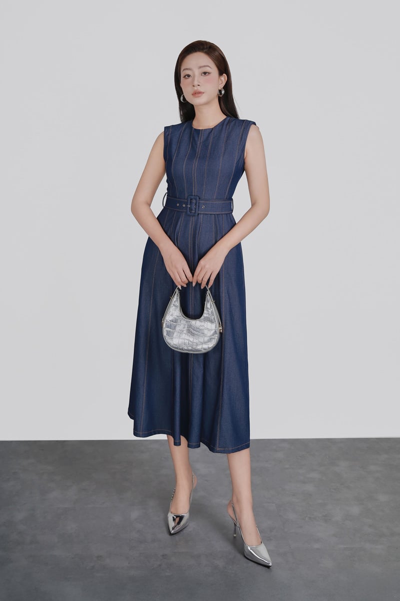 FDC35392 - Đầm công sở vải demin dáng ôm cổ tròn tay chờm thân váy phối hoạ tiết đường chỉ có dây đai thắt eo khoá thân sau - PANTIO