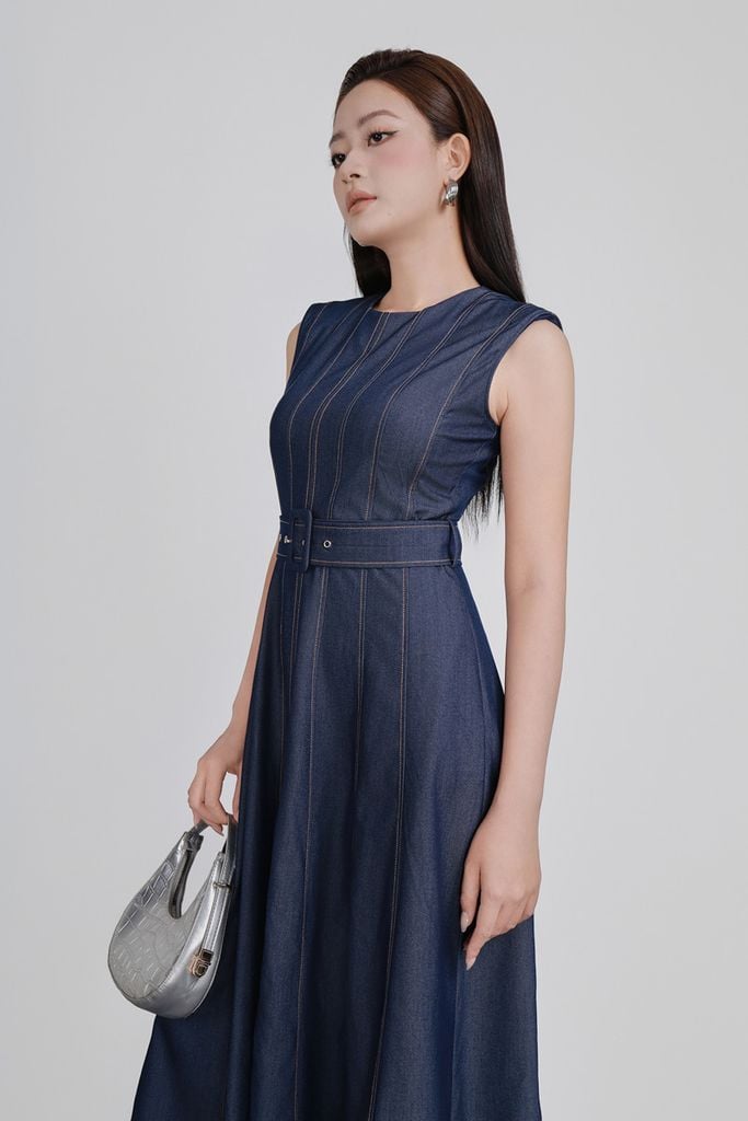 FDC35392 - Đầm công sở vải demin dáng ôm cổ tròn tay chờm thân váy phối hoạ tiết đường chỉ có dây đai thắt eo khoá thân sau - PANTIO