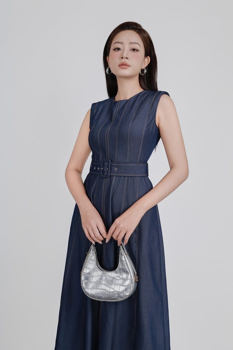FDC35392 - Đầm công sở vải demin dáng ôm cổ tròn tay chờm thân váy phối hoạ tiết đường chỉ có dây đai thắt eo khoá thân sau - PANTIO