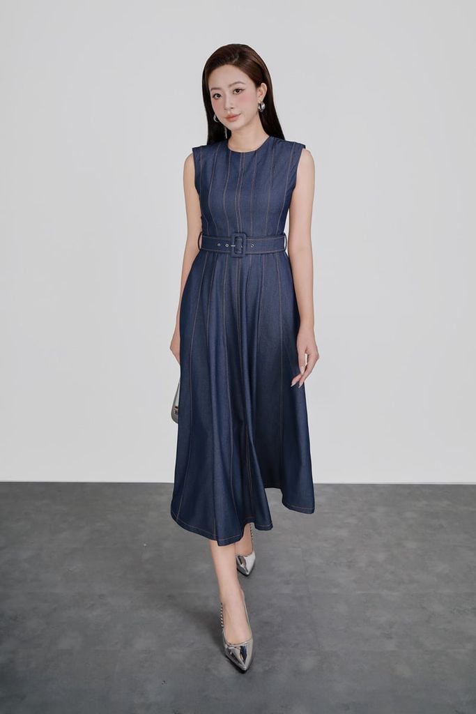 FDC35392 - Đầm công sở vải demin dáng ôm cổ tròn tay chờm thân váy phối hoạ tiết đường chỉ có dây đai thắt eo khoá thân sau - PANTIO
