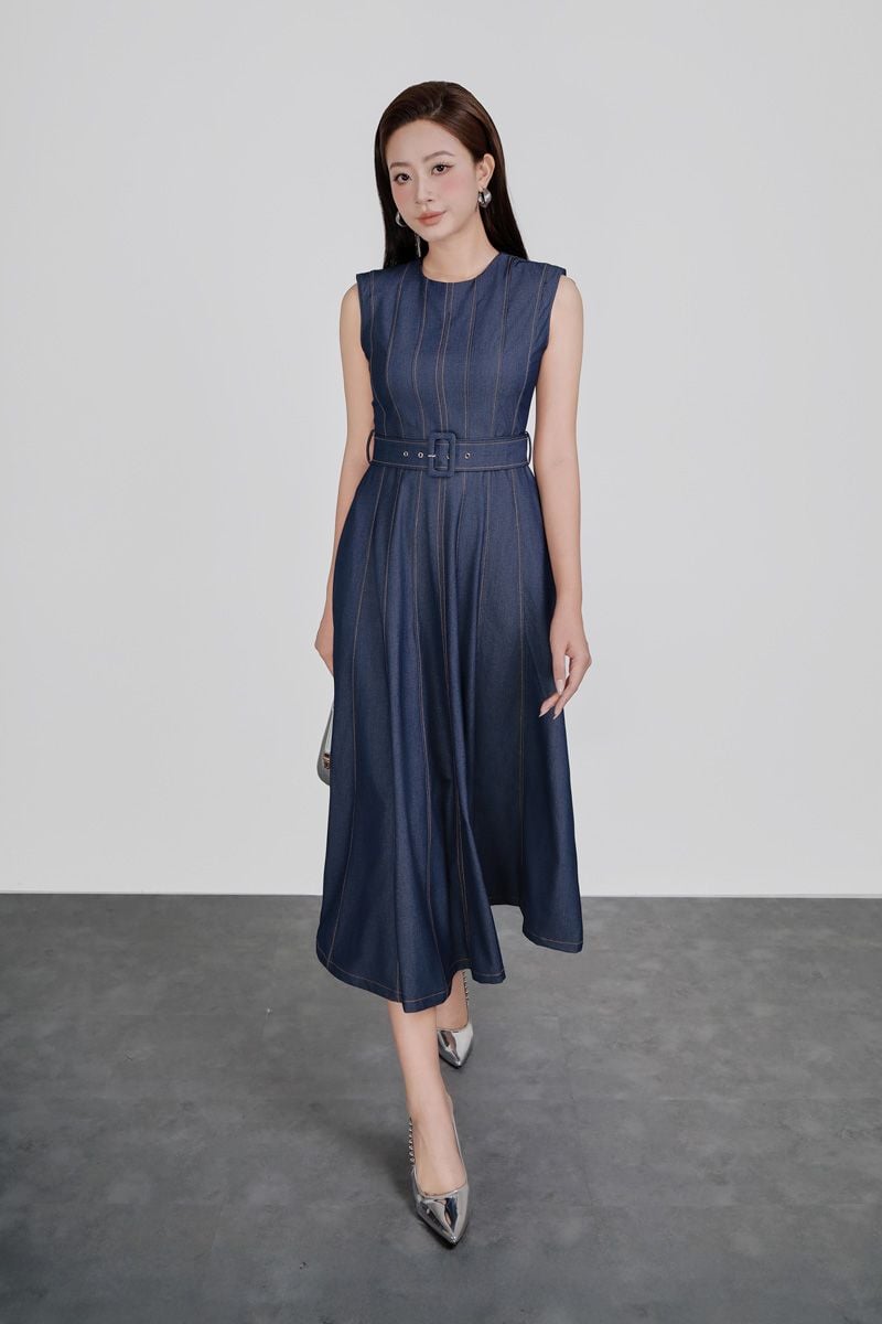 FDC35392 - Đầm công sở vải demin dáng ôm cổ tròn tay chờm thân váy phối hoạ tiết đường chỉ có dây đai thắt eo khoá thân sau - PANTIO