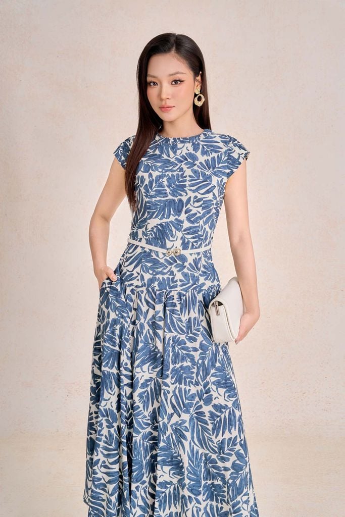 FDC35456 - Đầm công sở vải thô lanh dáng suông cổ tròn tay chờm thân váy phối ly bung tạo xoè eo có dây đai thời trang - PANTIO