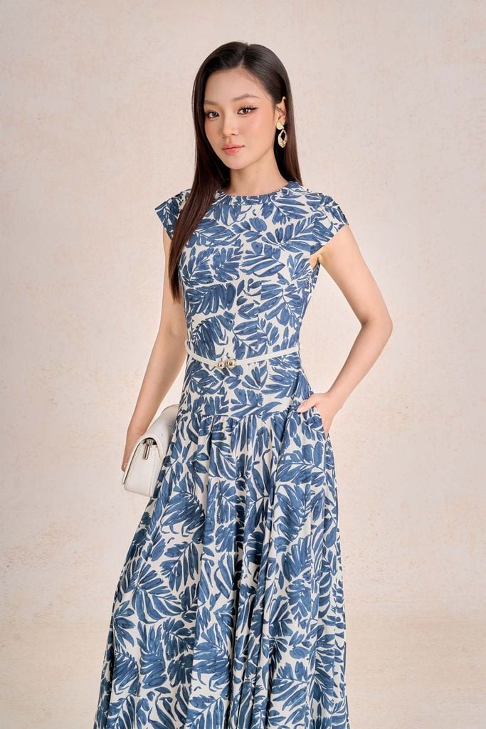 FDC35456 - Đầm công sở vải thô lanh dáng suông cổ tròn tay chờm thân váy phối ly bung tạo xoè eo có dây đai thời trang - PANTIO