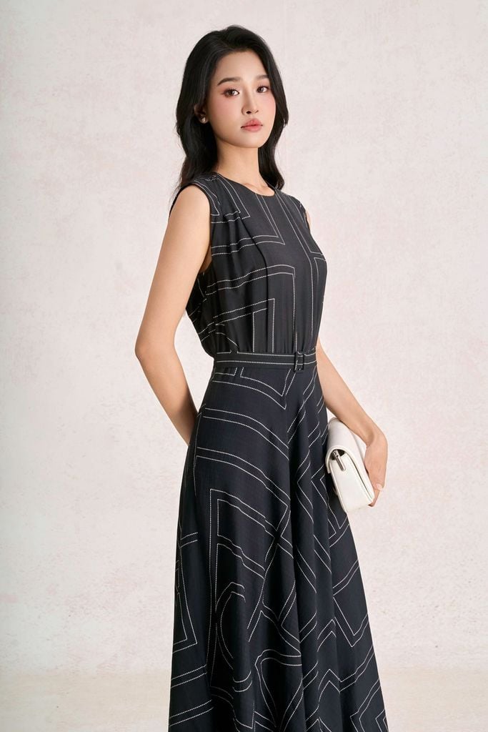 FDC35465 - Đầm công sở vải thô đũi dáng chữ A cổ tròn tay chờm khoá thân sau - PANTIO