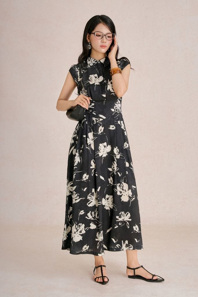 FDC35479 - Đầm công sở vải lụa mỏng dáng A cổ bẻ tay chờm eo váy đáp cạp bản to tạo kiểu cài khuy trước - PANTIO
