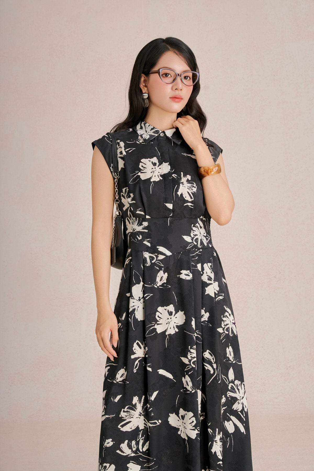 FDC35479 - Đầm công sở vải lụa mỏng dáng A cổ bẻ tay chờm eo váy đáp cạp bản to tạo kiểu cài khuy trước - PANTIO